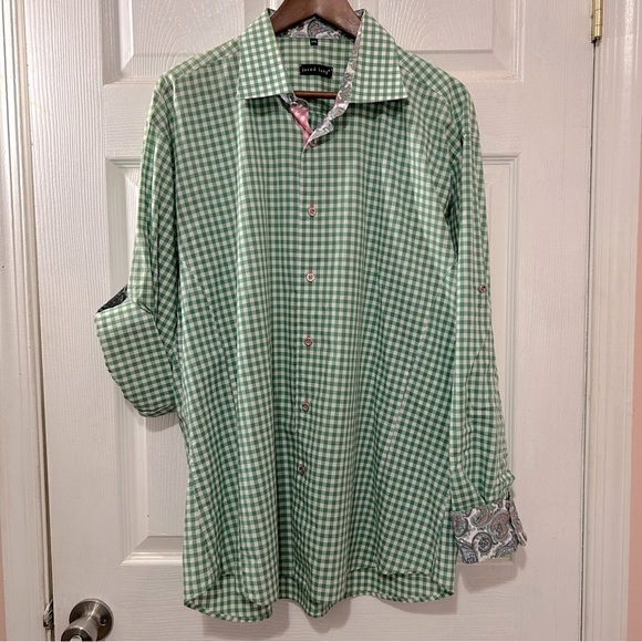 Jared Lang Button Down Shirt Green Pink Checkered Paisley Men's Size XXL Easter - Picture 1 of 9